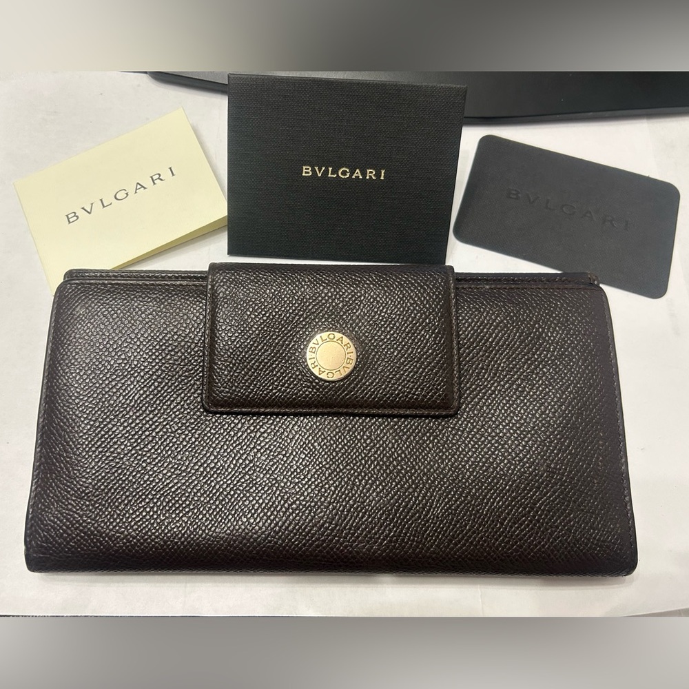 Bvlgari Long Trifold Brown Wallet with Gold Accent EUC